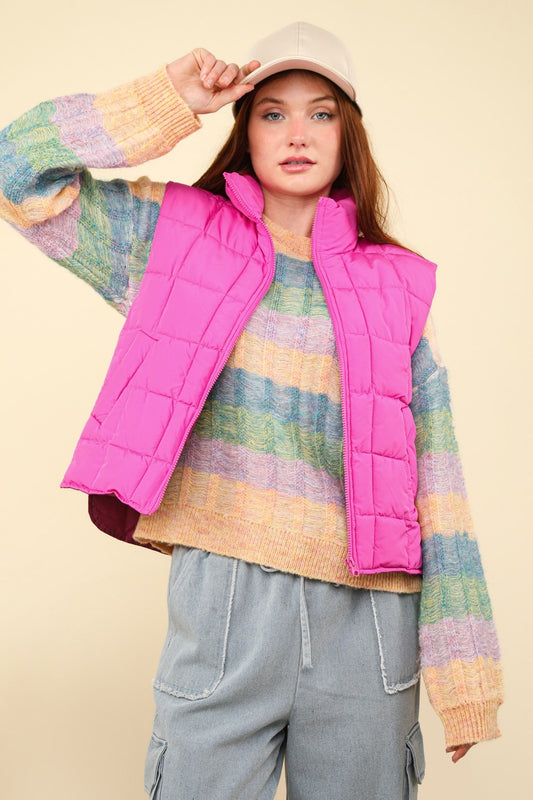 VERY J Zip Up Puffer Padded Warm Vest-TOPS / DRESSES-[Adult]-[Female]-Fuchsia-S-2022 Online Blue Zone Planet