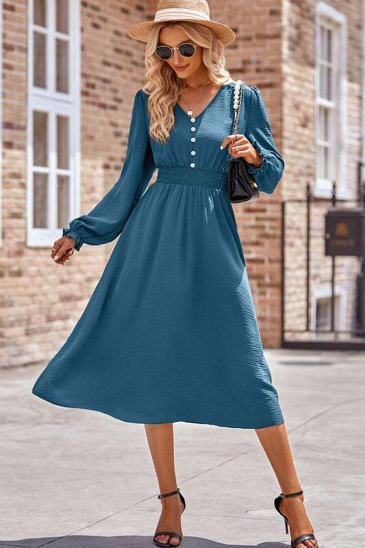 Blue Zone Planet | Smocked V-Neck Flounce Sleeve Midi Dress-TOPS / DRESSES-[Adult]-[Female]-Sky Blue-S-2022 Online Blue Zone Planet