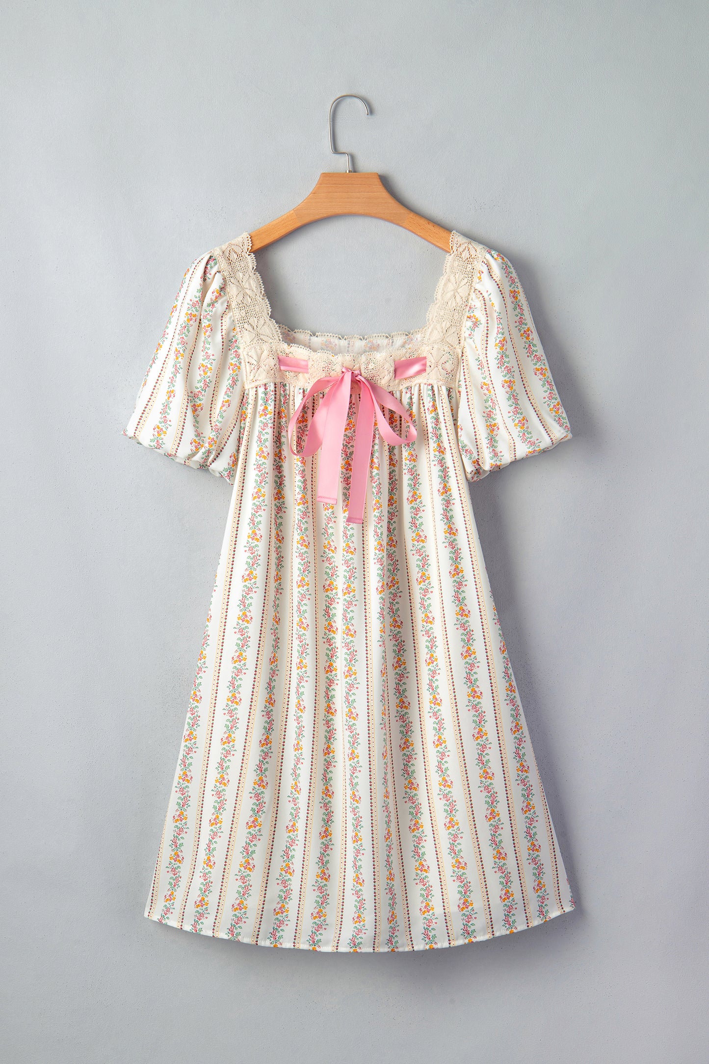 Multicolour Floral Print Contrast Ribbon Bow Lace Trim Square Neck Mini Dress-TOPS / DRESSES-[Adult]-[Female]-2022 Online Blue Zone Planet