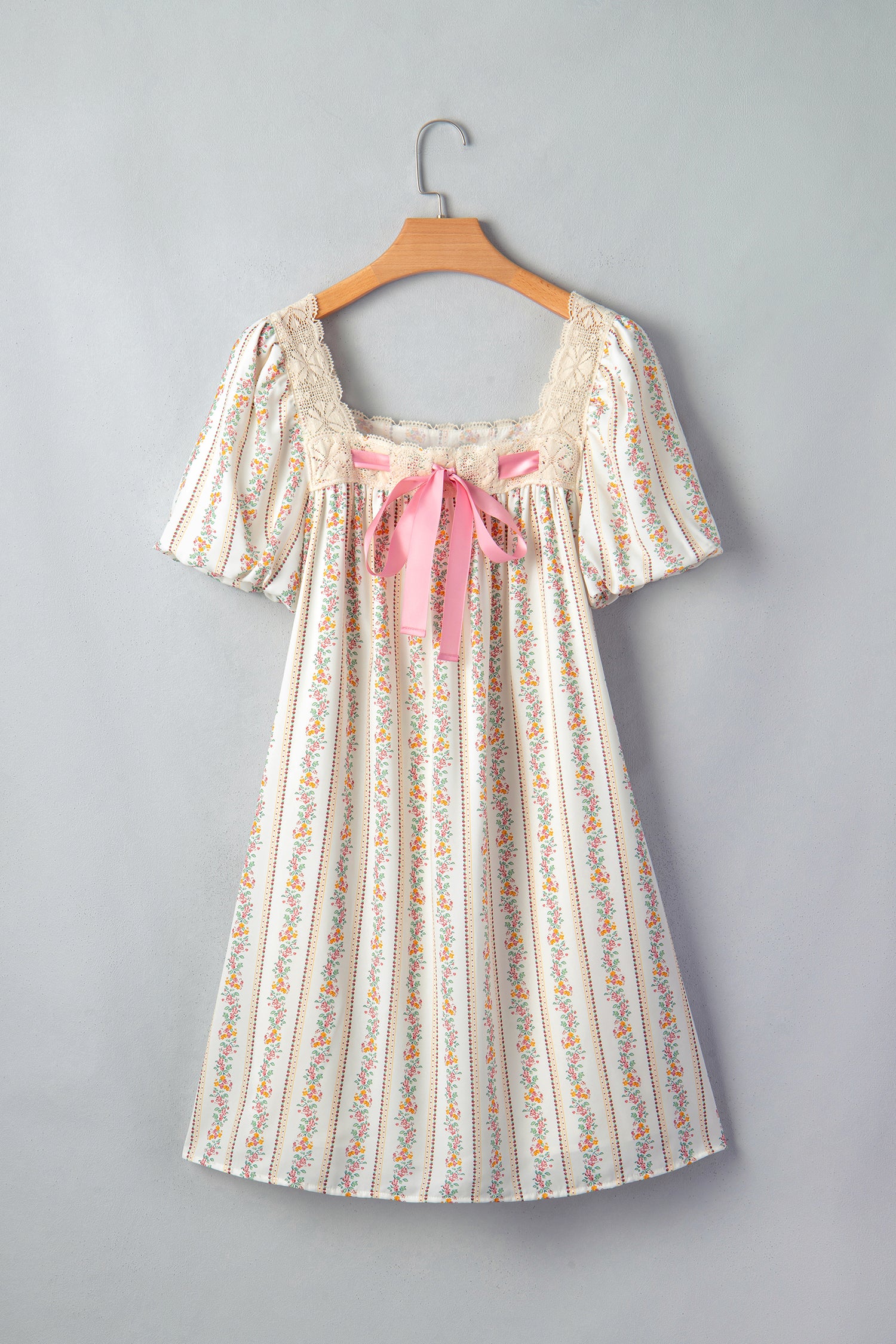 Multicolour Floral Print Contrast Ribbon Bow Lace Trim Square Neck Mini Dress-TOPS / DRESSES-[Adult]-[Female]-2022 Online Blue Zone Planet
