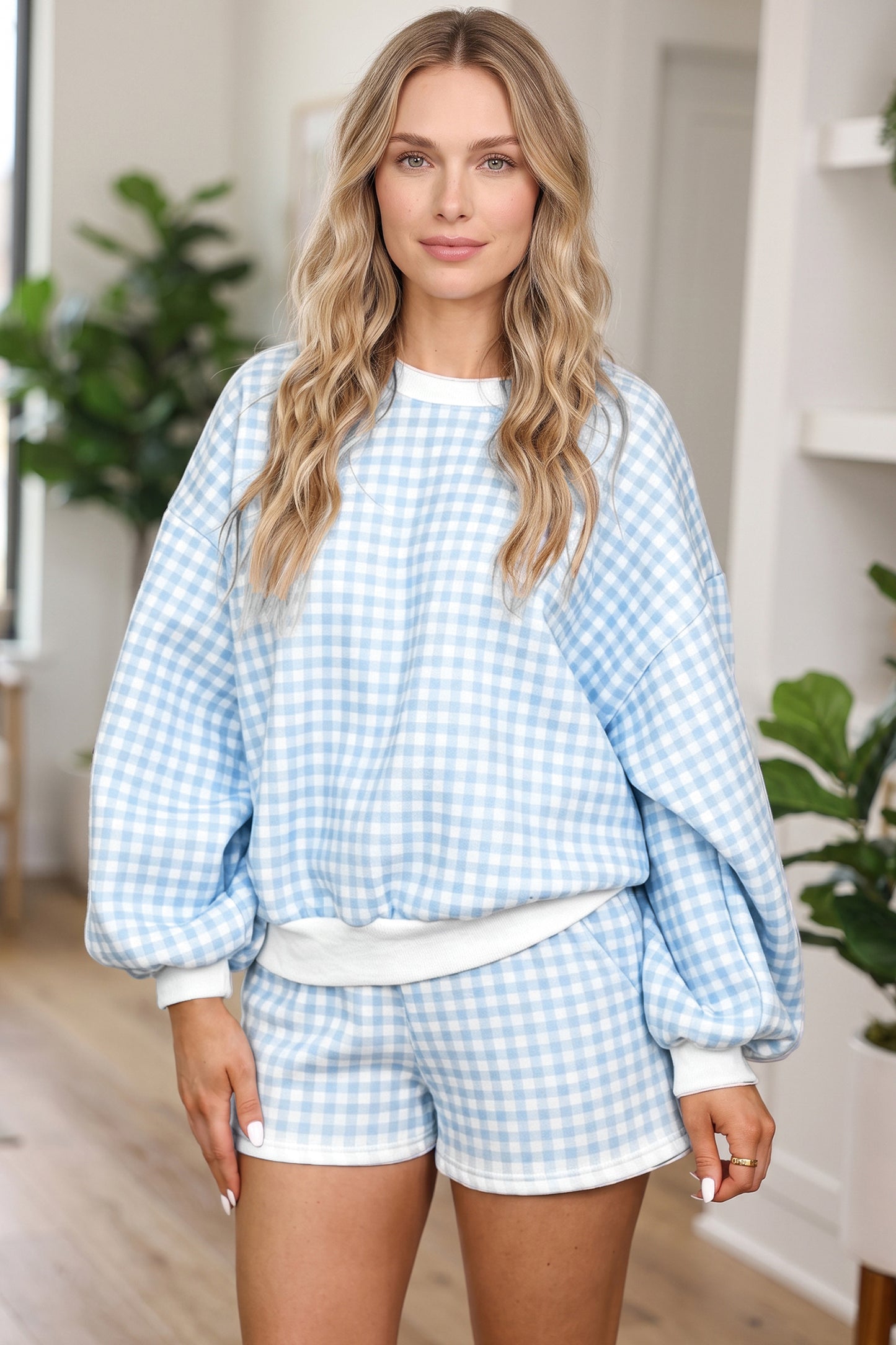 Pink Plaid Baggy Pullover Drawstring Casual Shorts 2pcs Outfit-Two Piece Sets/Short Sets-[Adult]-[Female]-2022 Online Blue Zone Planet