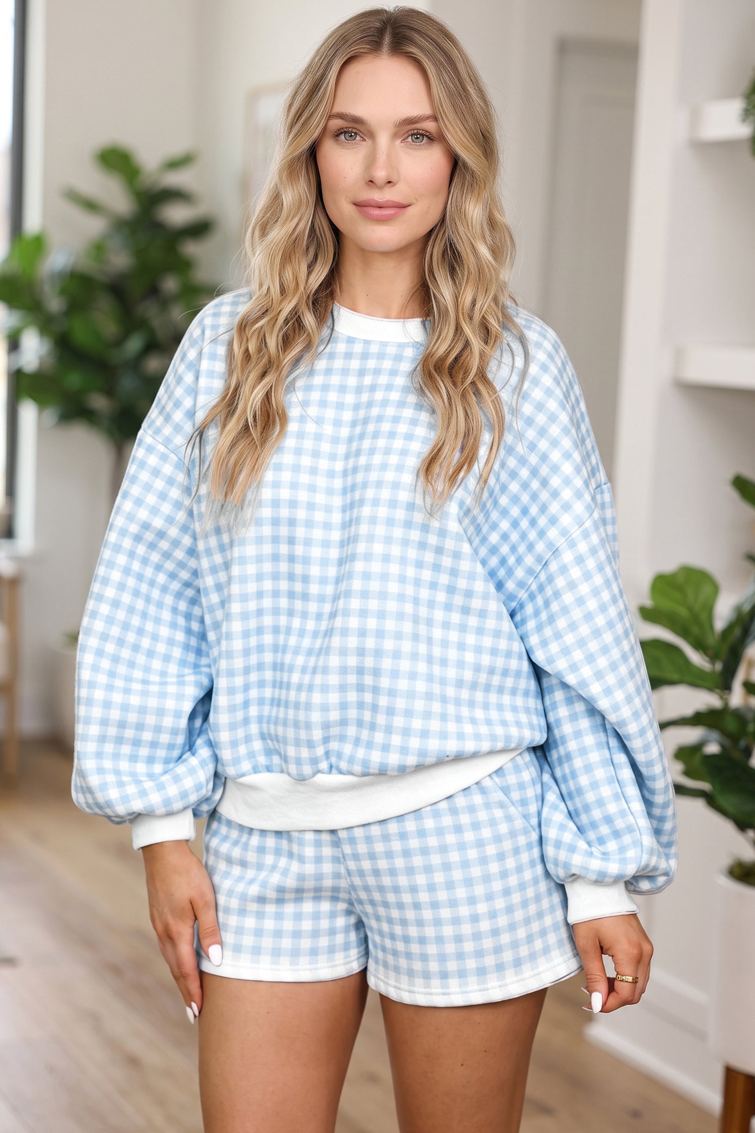 Pink Plaid Baggy Pullover Drawstring Casual Shorts 2pcs Outfit-Two Piece Sets/Short Sets-[Adult]-[Female]-2022 Online Blue Zone Planet