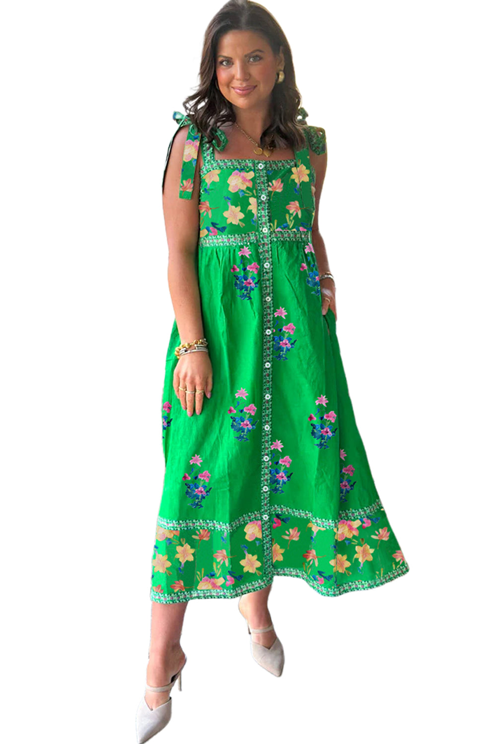 Green Floral Print Contrast Trim Knotted Straps Midi Dress-Midi Dresses-[Adult]-[Female]-2022 Online Blue Zone Planet