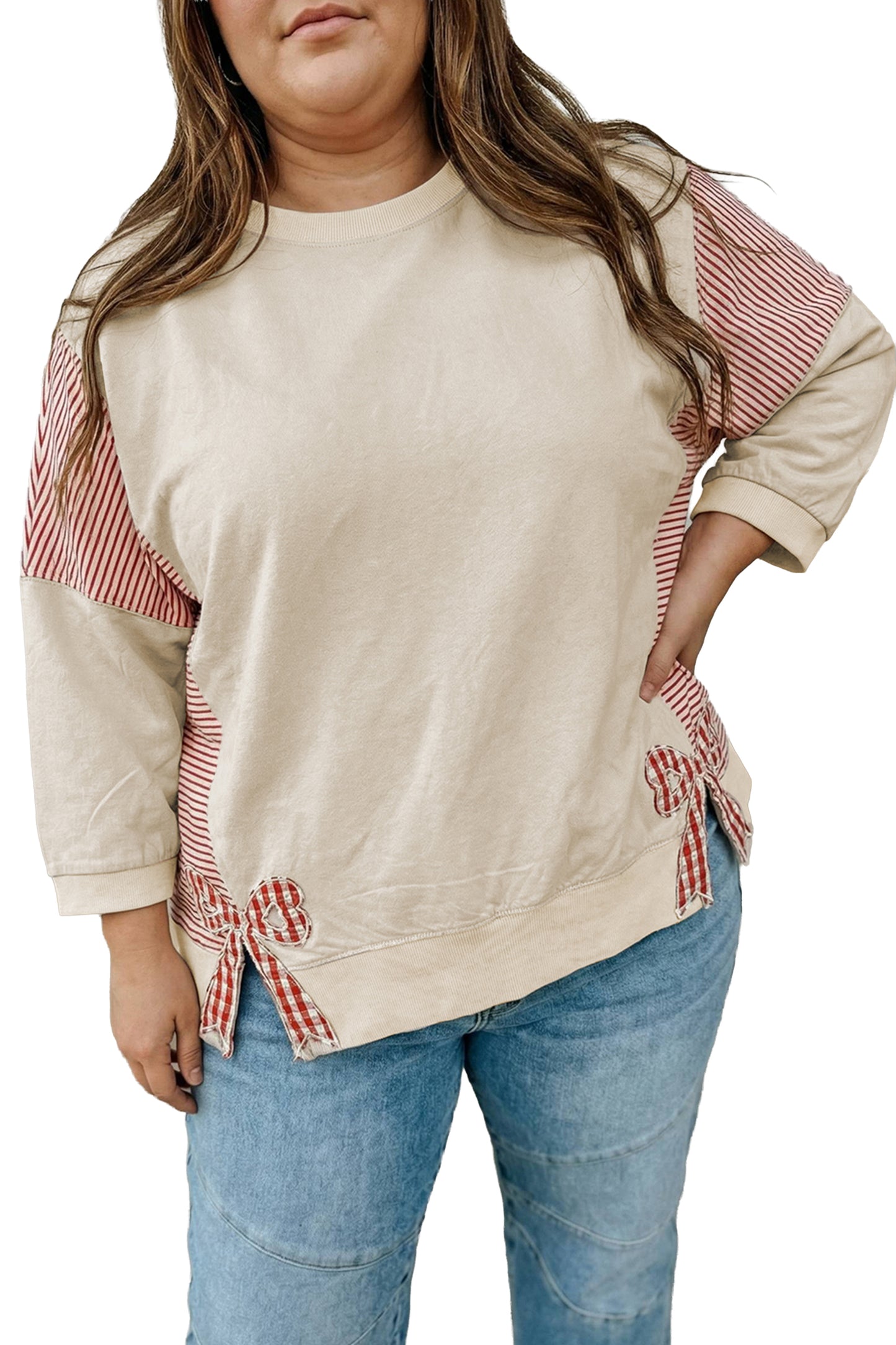 Parchment Striped Colorblock Patchwork Bow Detail Bracelet Sleeve Plus Size Top-Bracelet-[Adult]-[Female]-2022 Online Blue Zone Planet