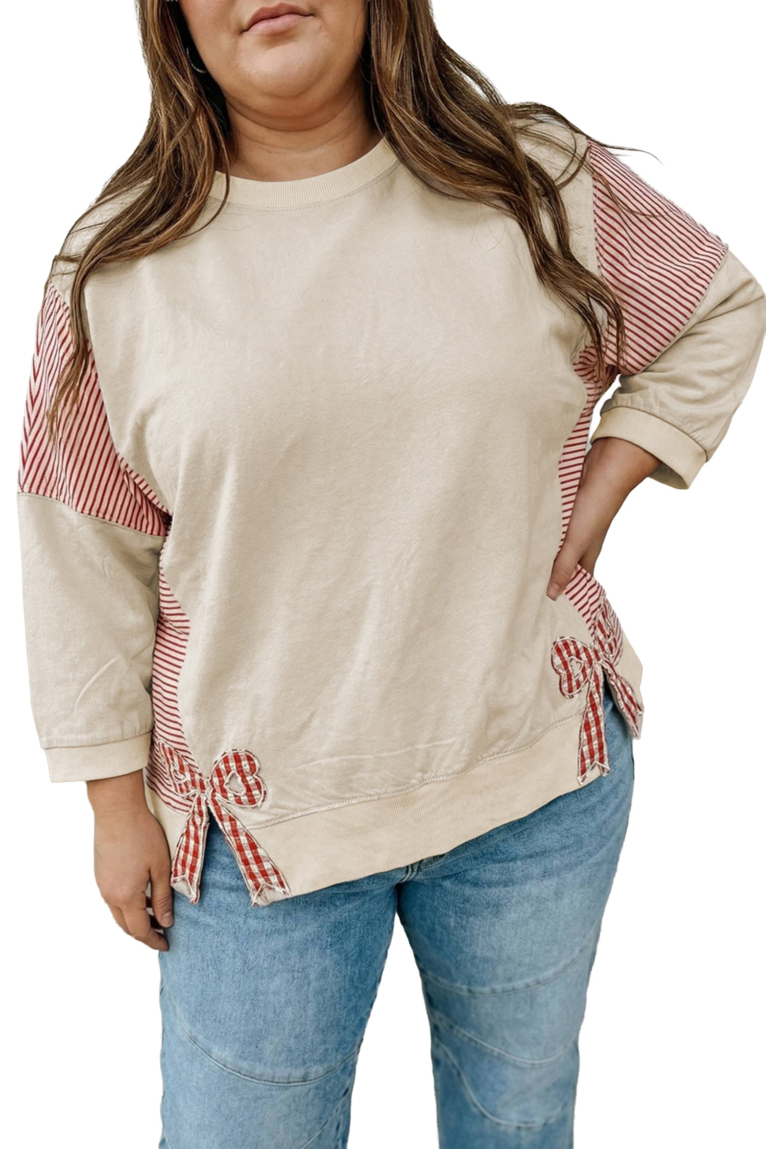 Parchment Striped Colorblock Patchwork Bow Detail Bracelet Sleeve Plus Size Top-Bracelet-[Adult]-[Female]-2022 Online Blue Zone Planet