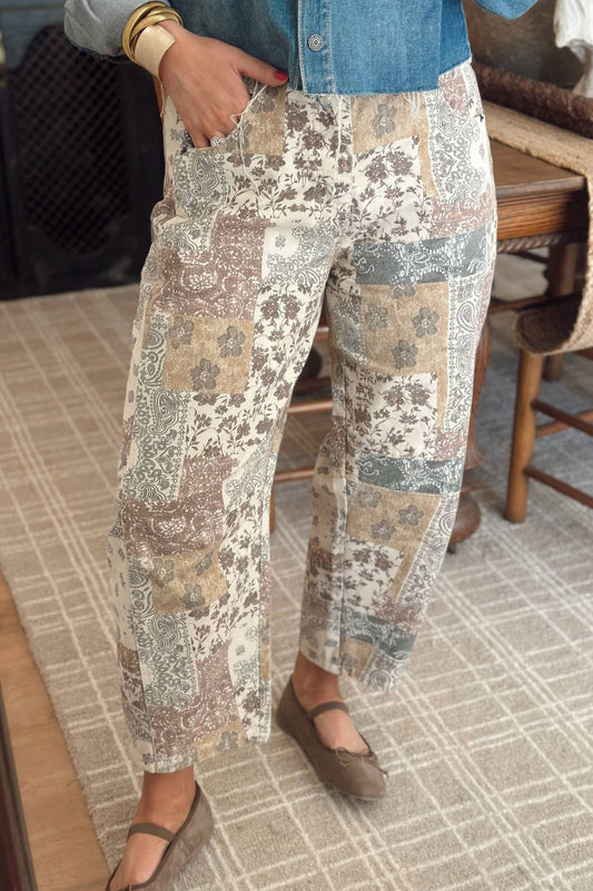 Multicolour Boho Floral Patchwork Western Print Straight Leg Ankle-Length Jeans-Bottoms/Jeans-[Adult]-[Female]-Multicolour-4-2022 Online Blue Zone Planet