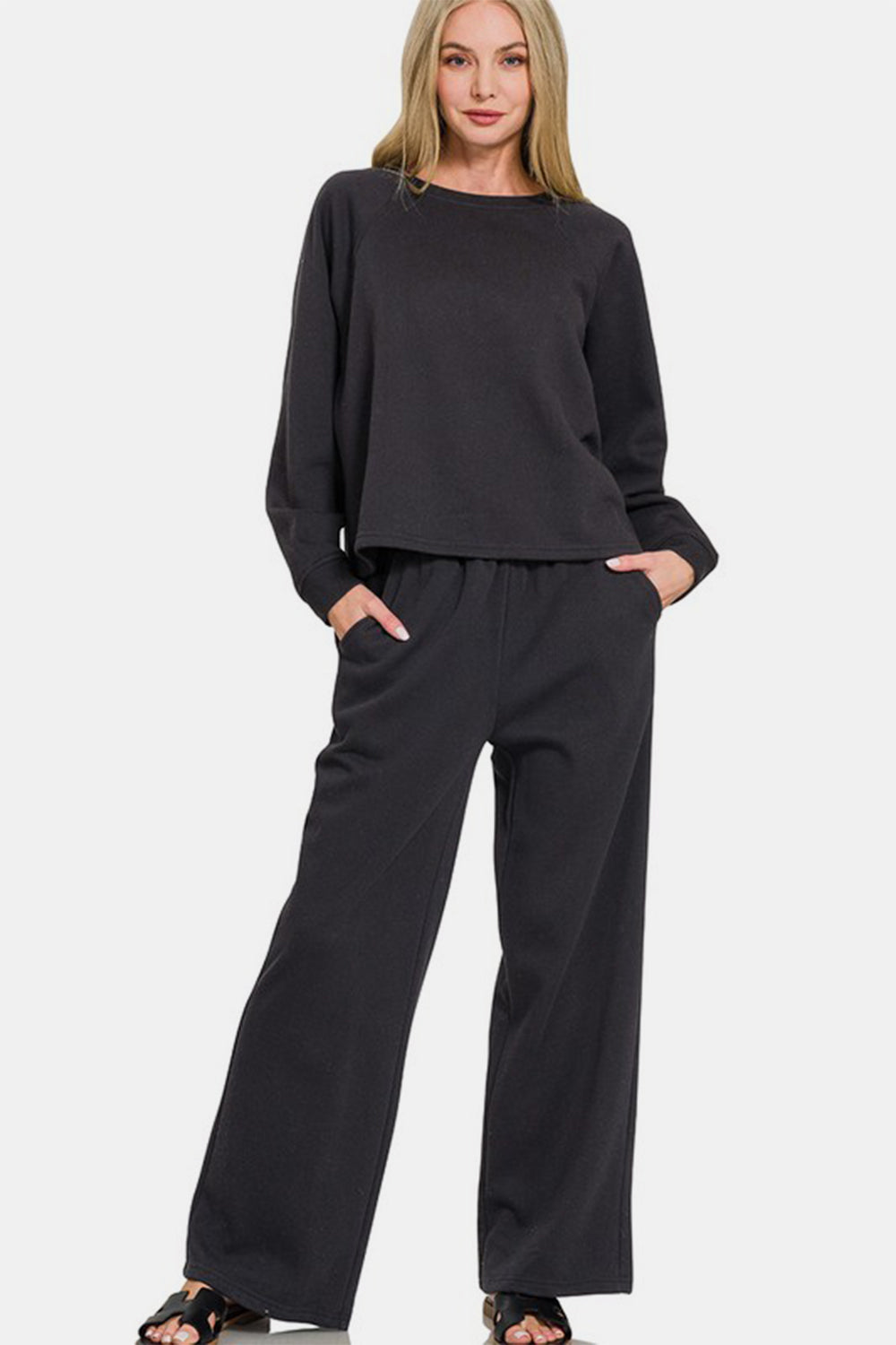 Zenana Round Neck Raglan Sleeve Top and Elastic Waist Pants Set-TOPS / DRESSES-[Adult]-[Female]-Black-S-2022 Online Blue Zone Planet