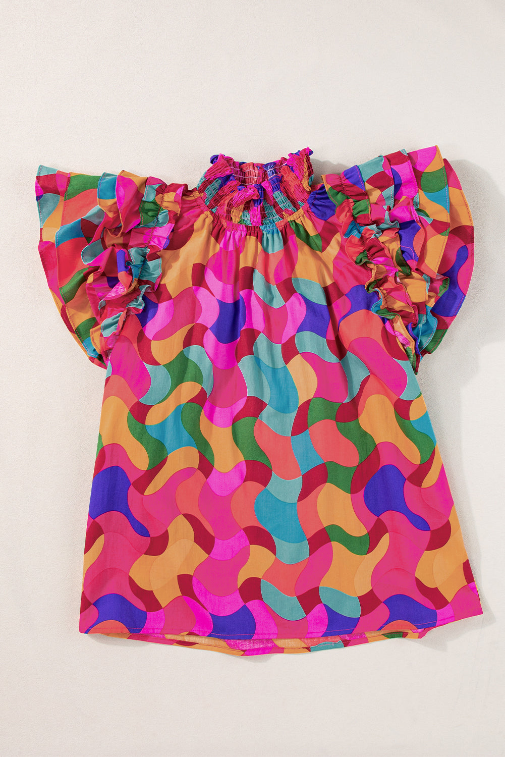 Rose Red Dramatic Ruffle Sleeve Smock Neck Wavy Print Top-Tops/Blouses & Shirts-[Adult]-[Female]-2022 Online Blue Zone Planet