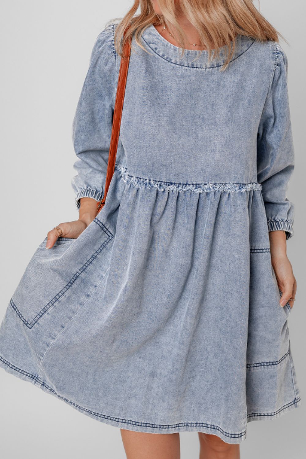 Cutout Round Neck Balloon Sleeve Denim Dress-TOPS / DRESSES-[Adult]-[Female]-Medium-S-2022 Online Blue Zone Planet