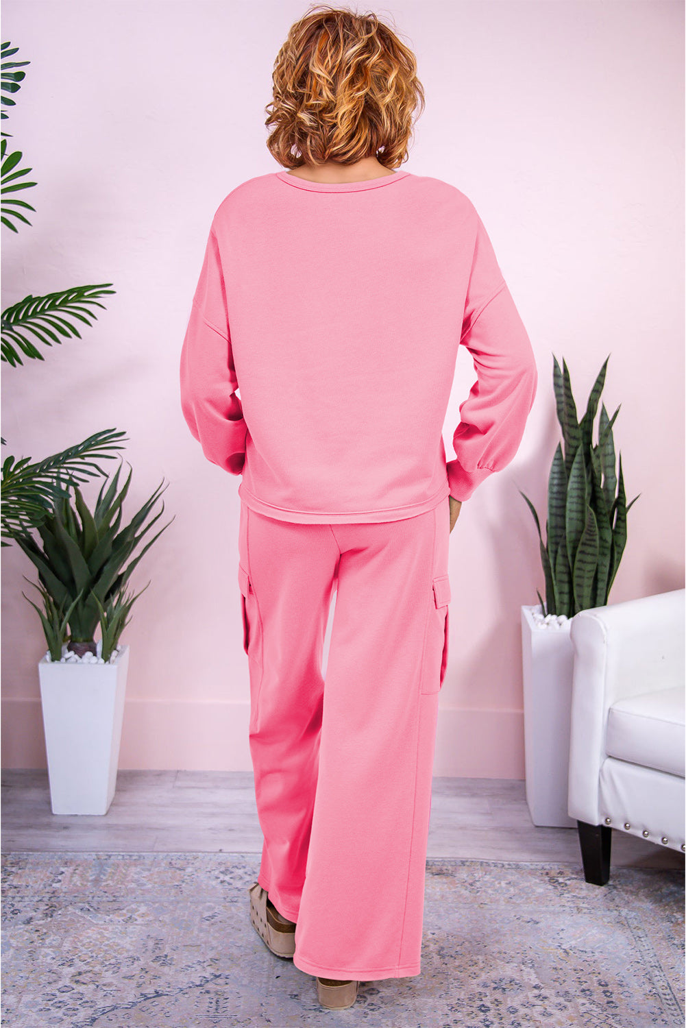 Sachet Pink Solid Color Patchwork Pullover Top And Cargo Pants Set-Two Piece Sets/Pant Sets-[Adult]-[Female]-2022 Online Blue Zone Planet