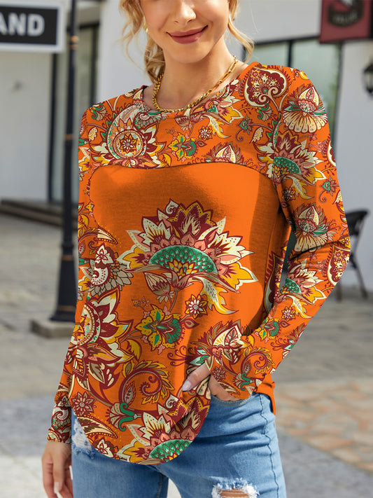 Blue Zone Planet | Printed Round Neck Long Sleeve T-Shirt-TOPS / DRESSES-[Adult]-[Female]-Ochre-S-2022 Online Blue Zone Planet