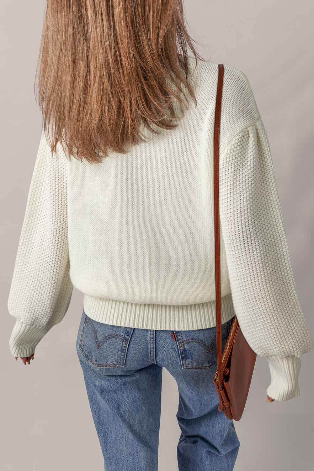 White Flower Detail Round Neck Contrast Textured Puff Sleeve Sweater-TOPS / DRESSES-[Adult]-[Female]-2022 Online Blue Zone Planet