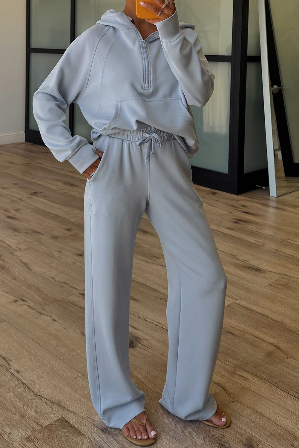 Beau Blue Half Zip Thumbhole Sleeve Hoodie Active Pants 2pcs Outfit-Tops / Dresses-[Adult]-[Female]-Beau Blue-S-2022 Online Blue Zone Planet