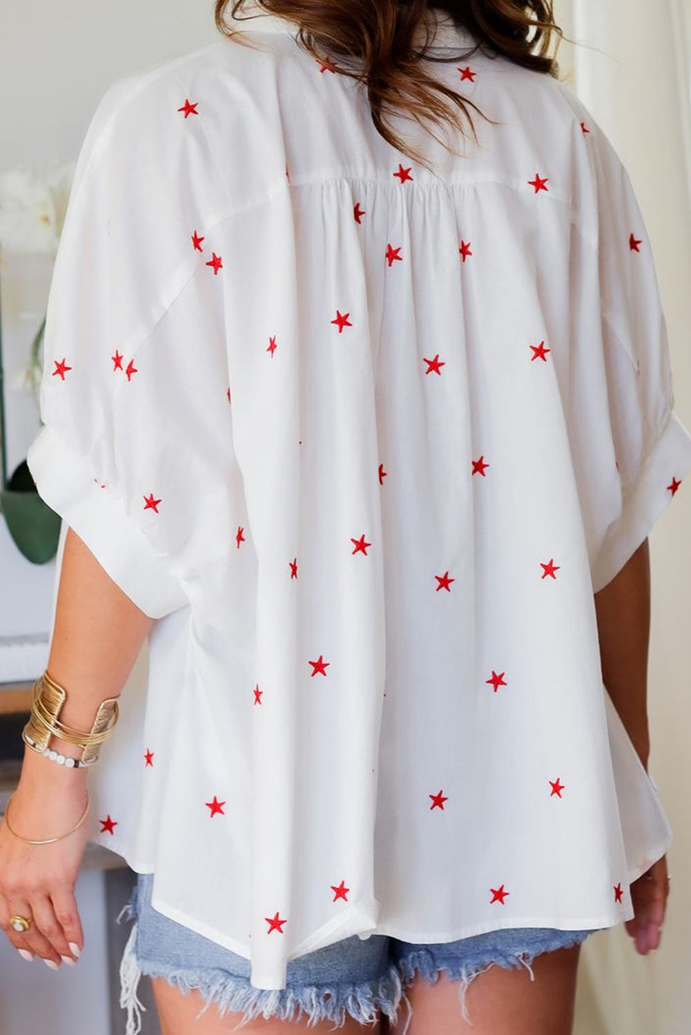 White Little Stars Printed Loose Half Sleeve Loose Shirt-Tops/Blouses & Shirts-[Adult]-[Female]-2022 Online Blue Zone Planet