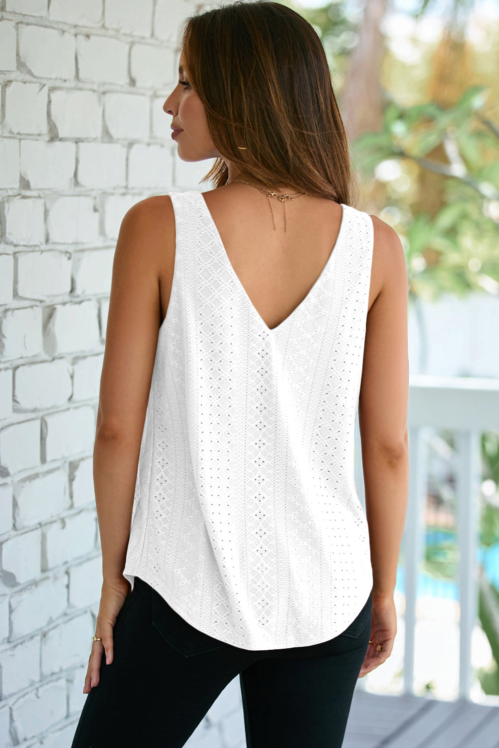 White Eyelet Knit Patterned Loose V Neck Tank Top-Tops/Tank Tops-[Adult]-[Female]-2022 Online Blue Zone Planet