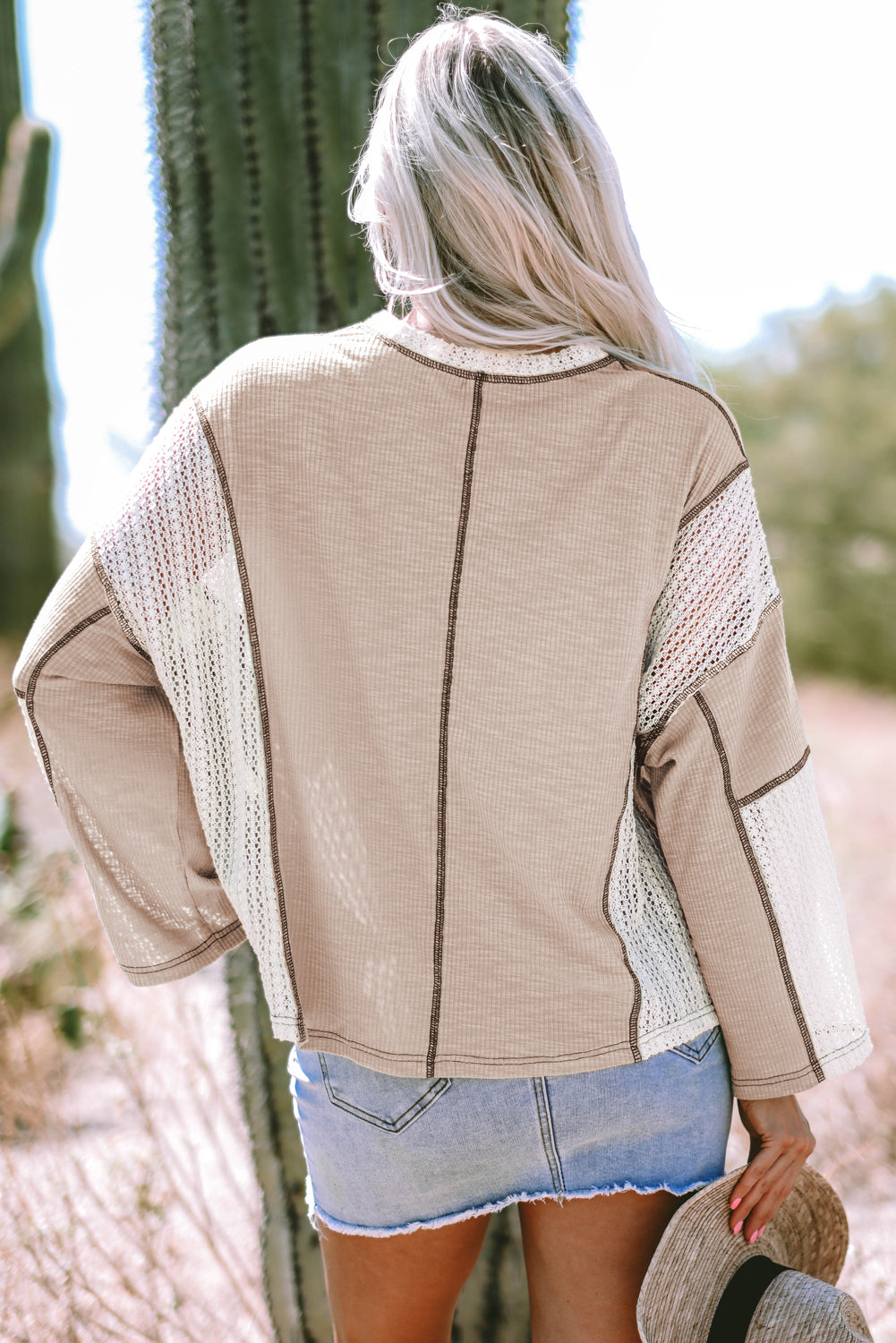 Blue Zone Planet | Parchment Crochet Detail Exposed Seam High Low Loose Top-Tops/Long Sleeve Tops-[Adult]-[Female]-2022 Online Blue Zone Planet