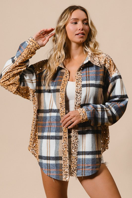 BiBi Curved Hem Sequin Plaid Button Up Shacket-TOPS / DRESSES-[Adult]-[Female]-Latte Multi-S-2022 Online Blue Zone Planet