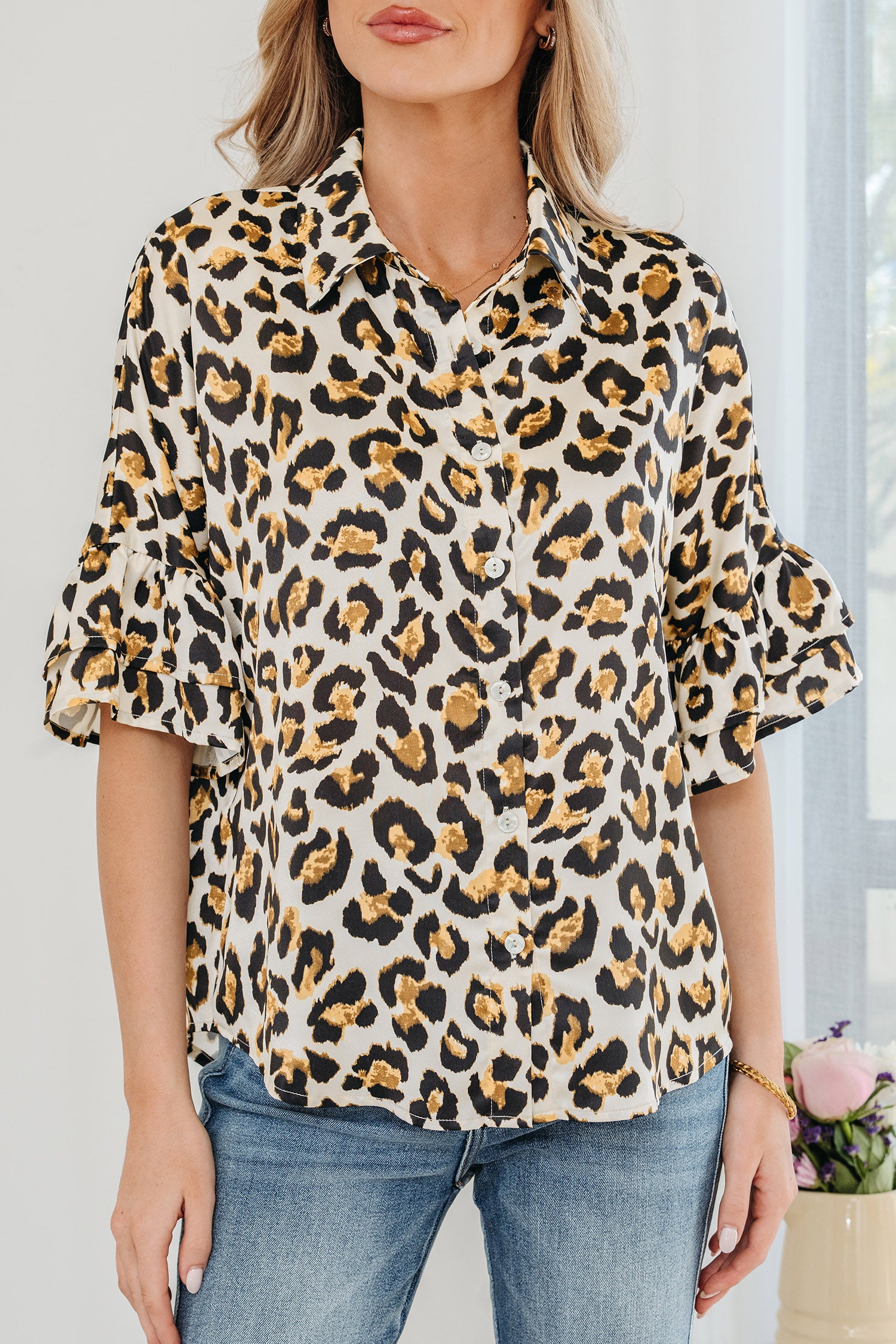 Khaki Leopard Print Ruffle Trim 3/4 Sleeve Loose Shirt-Tops/Blouses & Shirts-[Adult]-[Female]-2022 Online Blue Zone Planet
