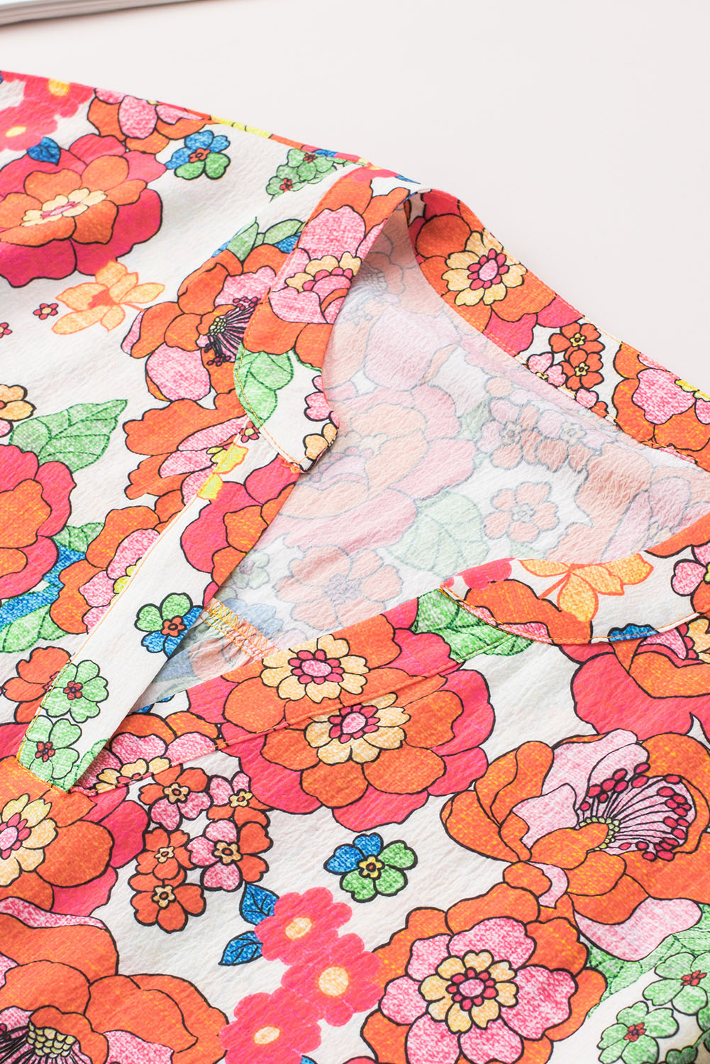 Fiery Red Floral Split Neck Top-Tops/Blouses & Shirts-[Adult]-[Female]-2022 Online Blue Zone Planet