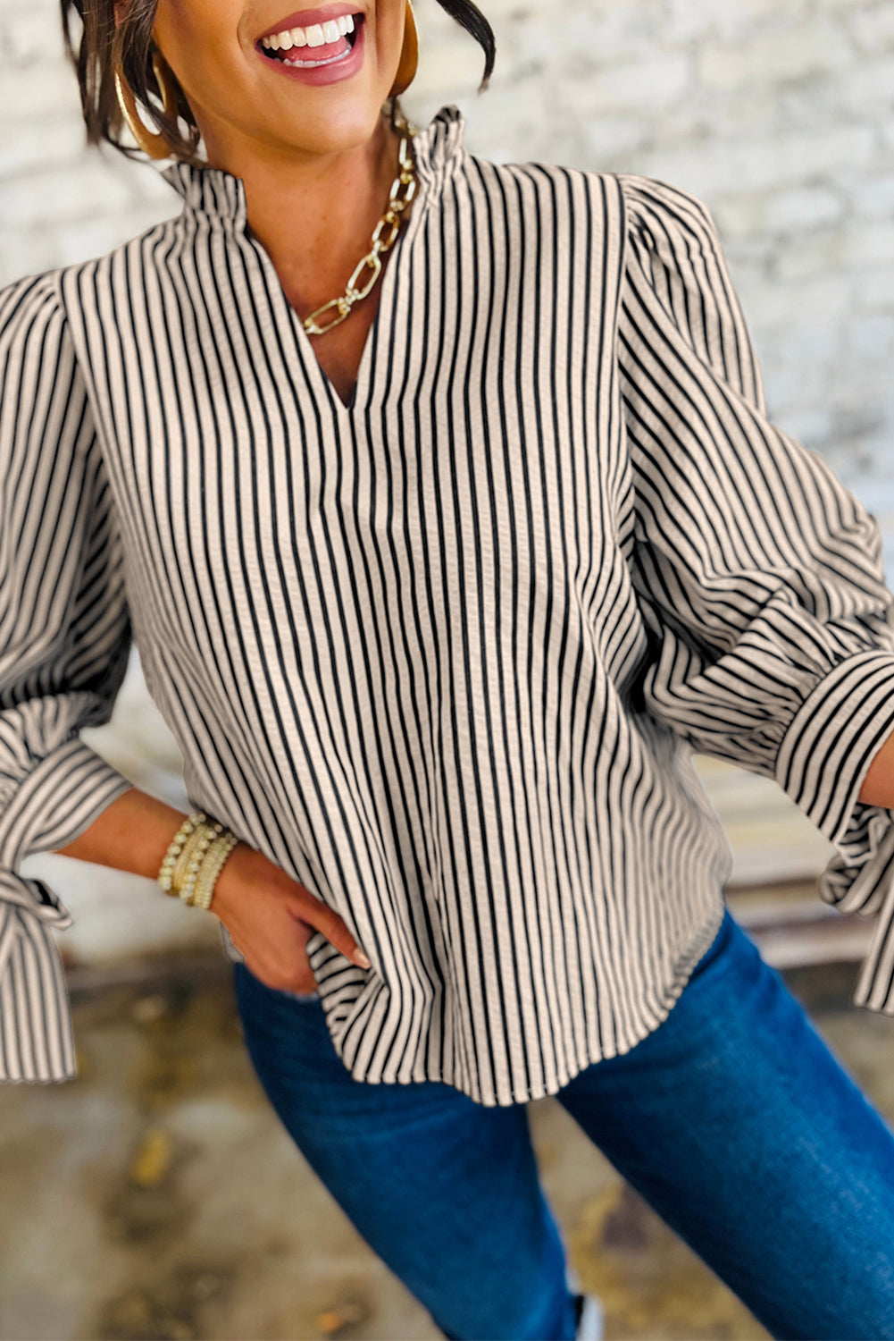 Black Stripe Knotted Cuff Long Sleeve V Neck Blouse-Tops/Blouses & Shirts-[Adult]-[Female]-Black Stripe-S-2022 Online Blue Zone Planet