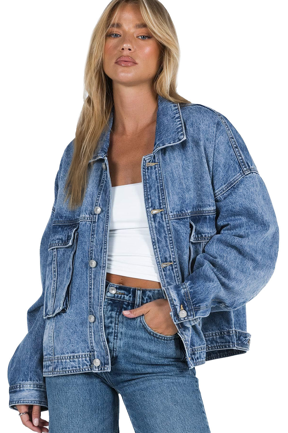 Collared Neck Button Up Denim Jacket-TOPS / DRESSES-[Adult]-[Female]-2022 Online Blue Zone Planet