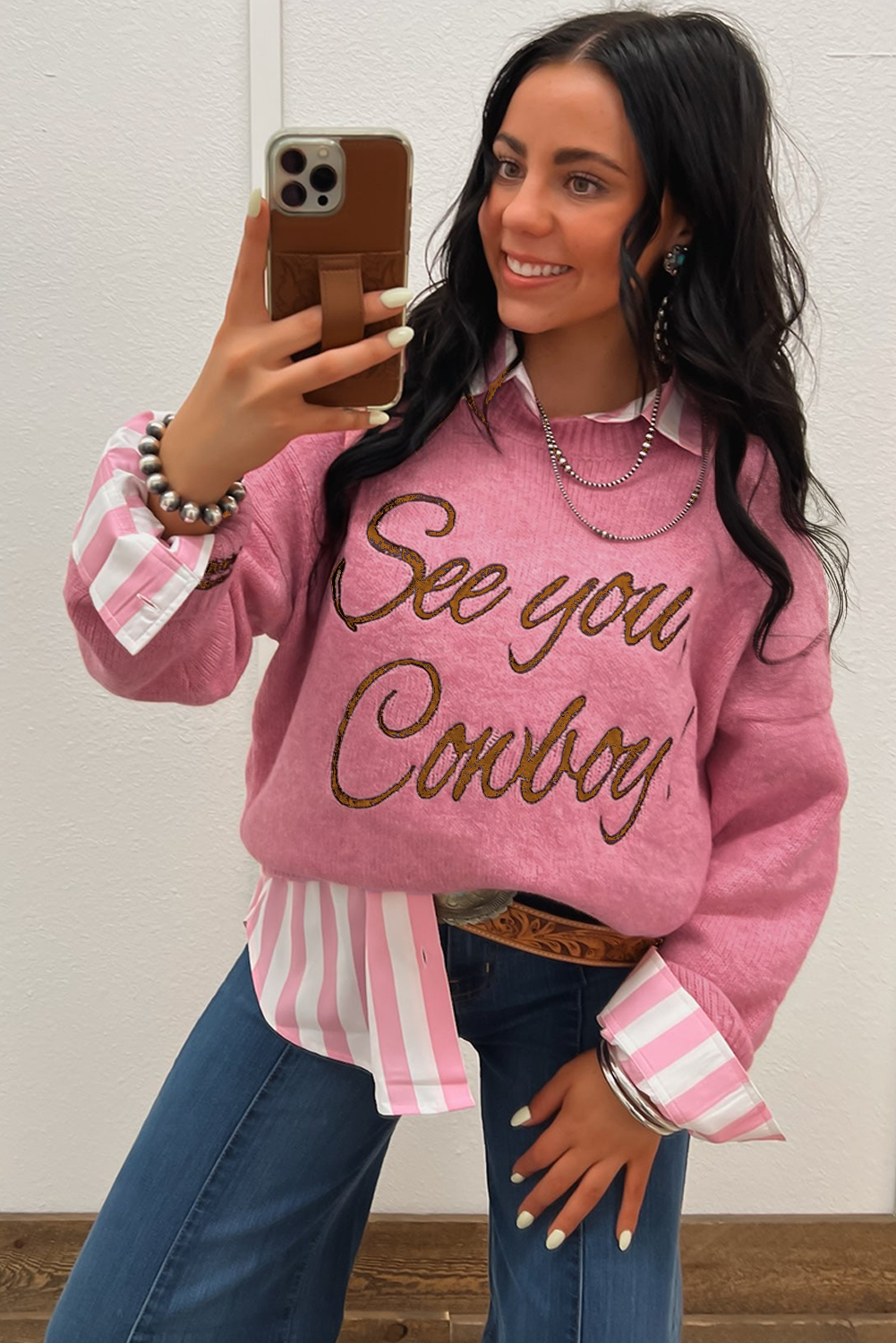 Peach Blossom See You Cowboy Embroidered Western Graphic Sweater-Sweaters & Cardigans/Sweaters-[Adult]-[Female]-2022 Online Blue Zone Planet