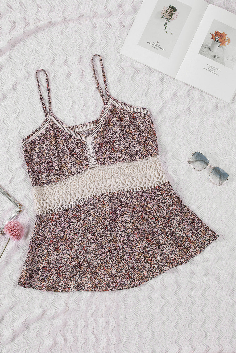 Multicolor Floral Print Lace Crochet Spaghetti Strap Tank Top-Tops/Tank Tops-[Adult]-[Female]-2022 Online Blue Zone Planet