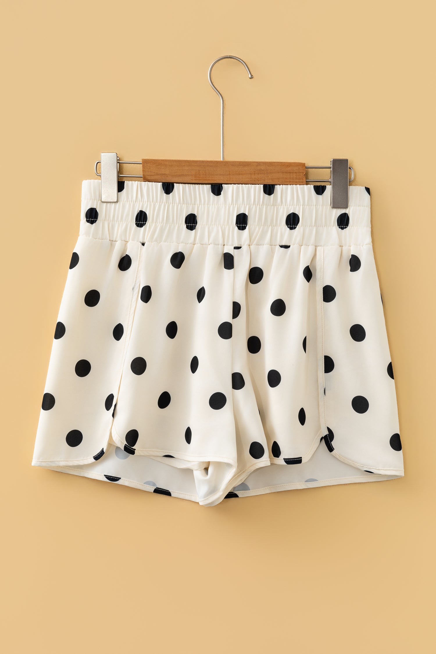 Apricot Polka Dot Print Shirred High Waist Casual Shorts-Bottoms/Casual Shorts-[Adult]-[Female]-2022 Online Blue Zone Planet