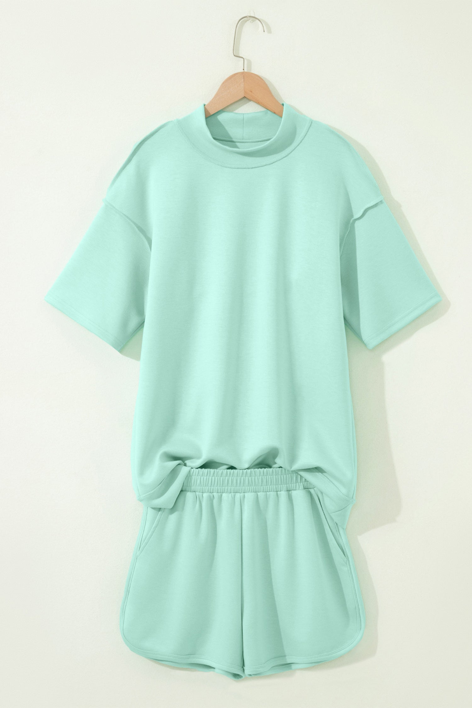 Light Pink Solid Color Exposed Seam Mock Neck Oversize Tee Casual Shorts 2pcs Outfit-Two Piece Sets/Short Sets-[Adult]-[Female]-2022 Online Blue Zone Planet
