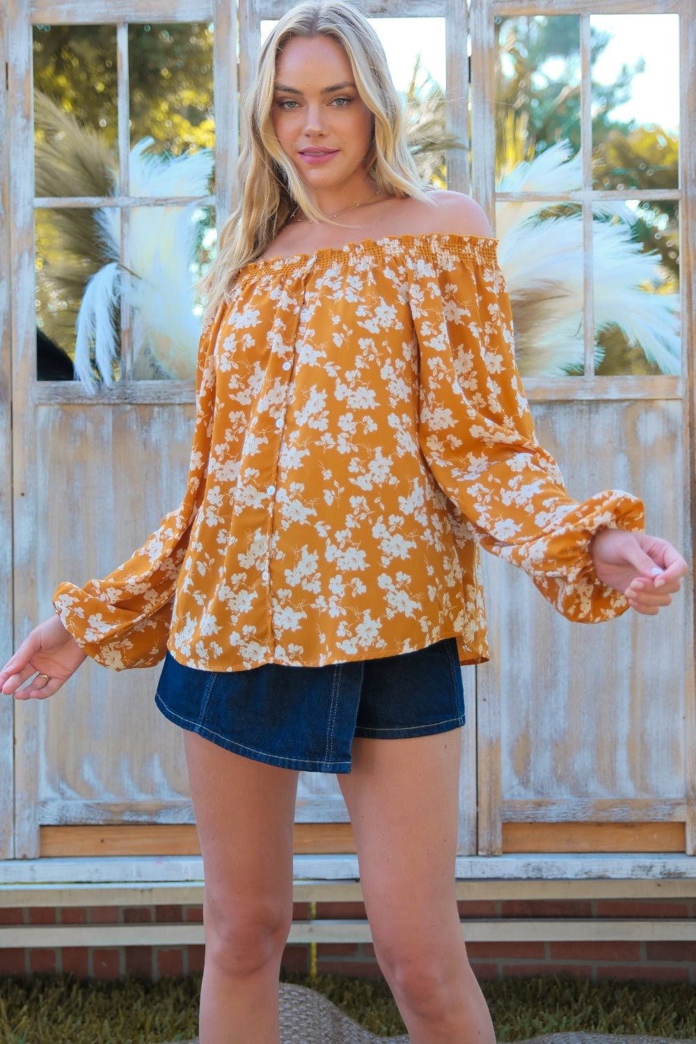 Blue Zone Planet | Hailey & Co Floral Off-Shoulder Balloon Sleeve Blouse-TOPS / DRESSES-[Adult]-[Female]-2022 Online Blue Zone Planet