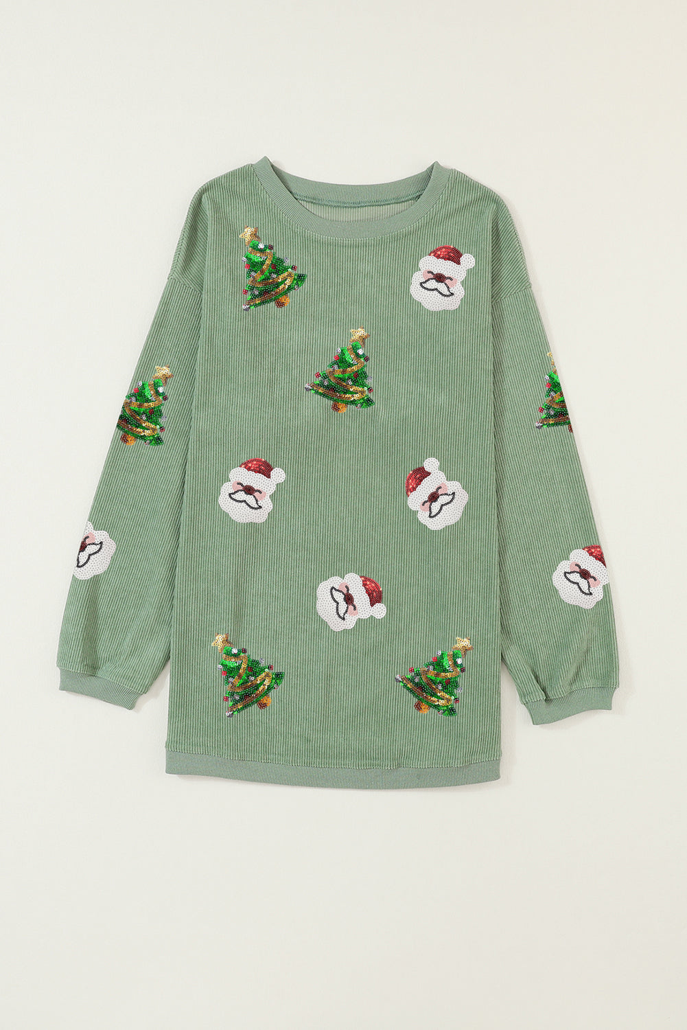 Grass Green Sequin Santa Clause Christmas Tree Patchwork Corded Sweatshirt-Graphic Sweatshirts-[Adult]-[Female]-2022 Online Blue Zone Planet