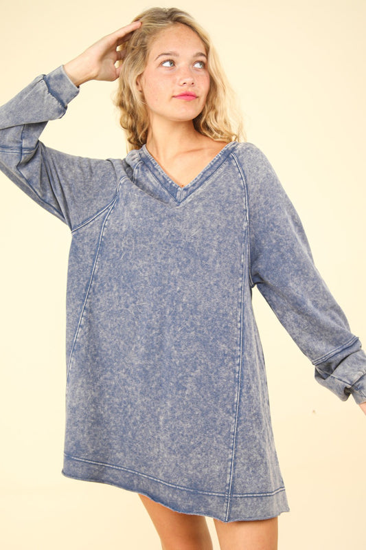 VERY J Mineral Washed Oversized A-Line Mini Dress-TOPS / DRESSES-[Adult]-[Female]-Denim-S-2022 Online Blue Zone Planet