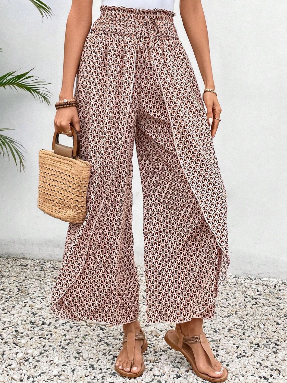 Blue Zone Planet | Tied Printed Wide Leg Pants-BOTTOMS SIZES SMALL MEDIUM LARGE-[Adult]-[Female]-Pale Blush-S-2022 Online Blue Zone Planet