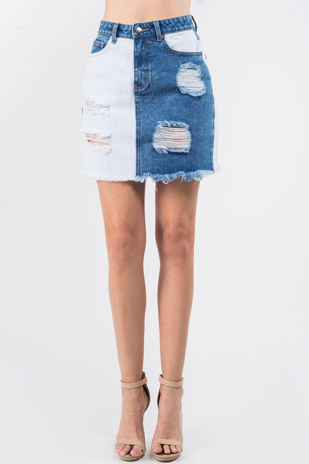 American Bazi Contrast Patched Frayed Denim Distressed Skirts-[Adult]-[Female]-Blue/White-S-2022 Online Blue Zone Planet