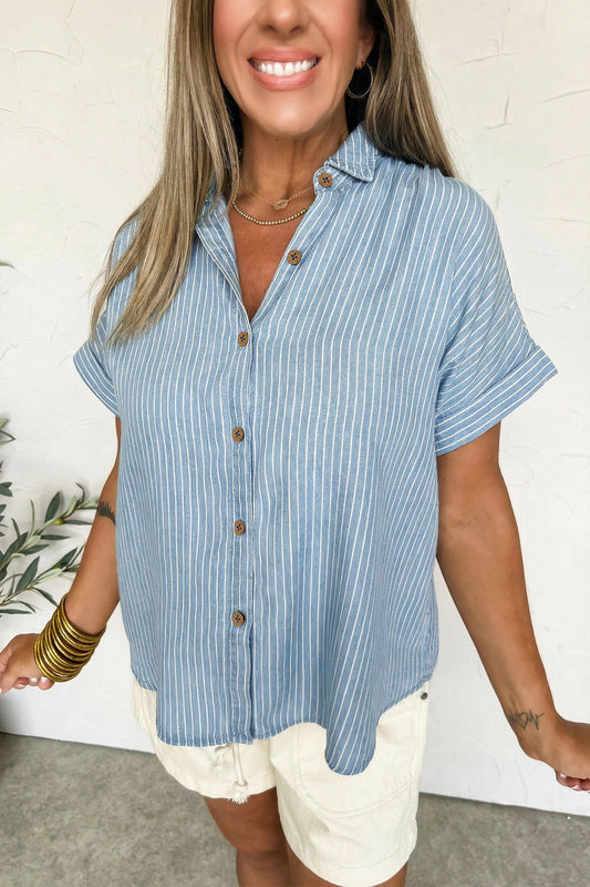 Sky Blue Stripe Cuffed Short Sleeve Button up Loose Shirt-Tops/Blouses & Shirts-[Adult]-[Female]-2022 Online Blue Zone Planet