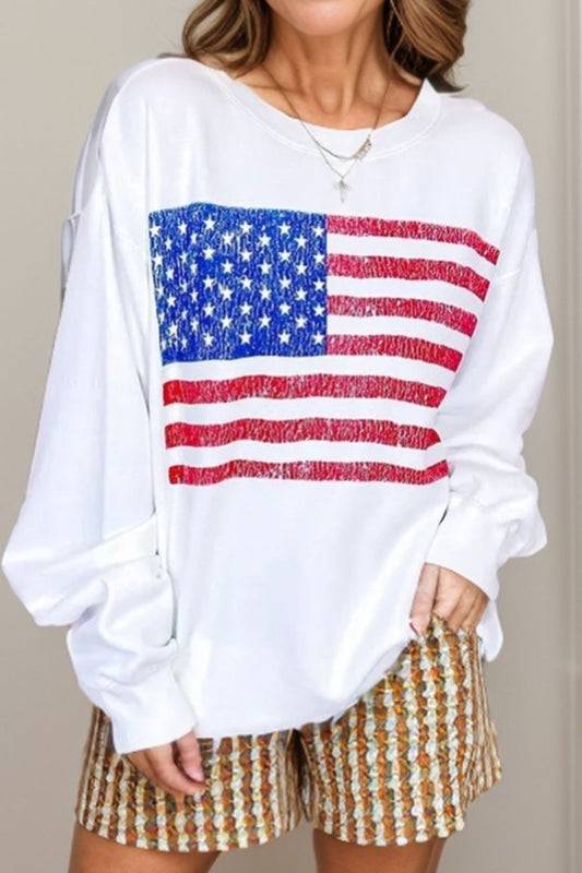 Blue Zone Planet | US Flag Round Neck Long Sleeve Sweatshirt-TOPS / DRESSES-[Adult]-[Female]-White-S-2022 Online Blue Zone Planet