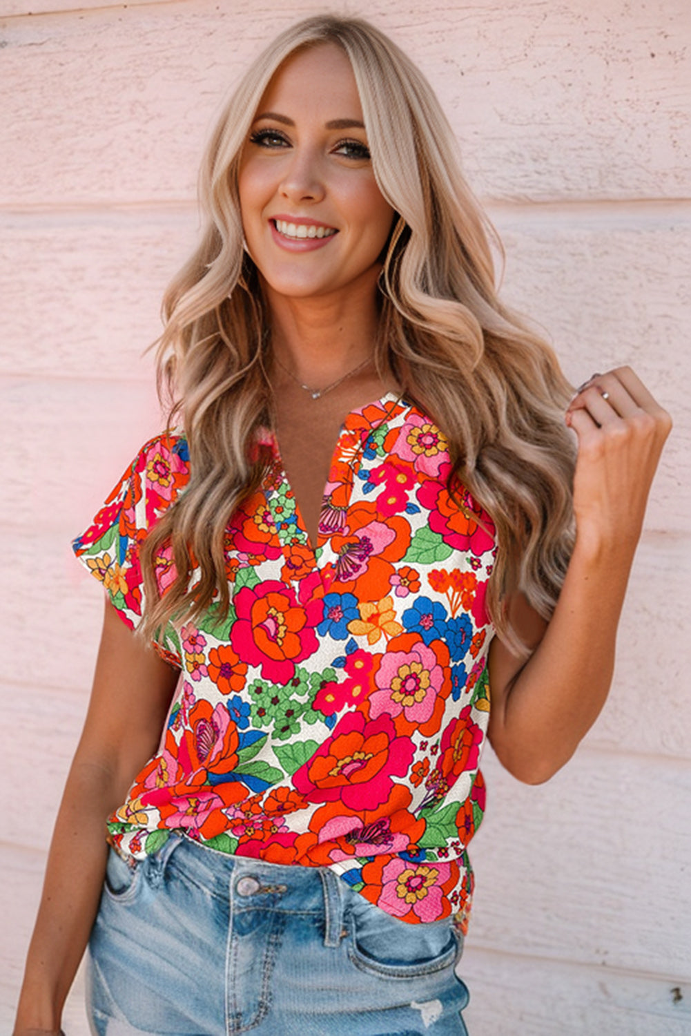 Fiery Red Floral Split Neck Top-Tops/Blouses & Shirts-[Adult]-[Female]-2022 Online Blue Zone Planet