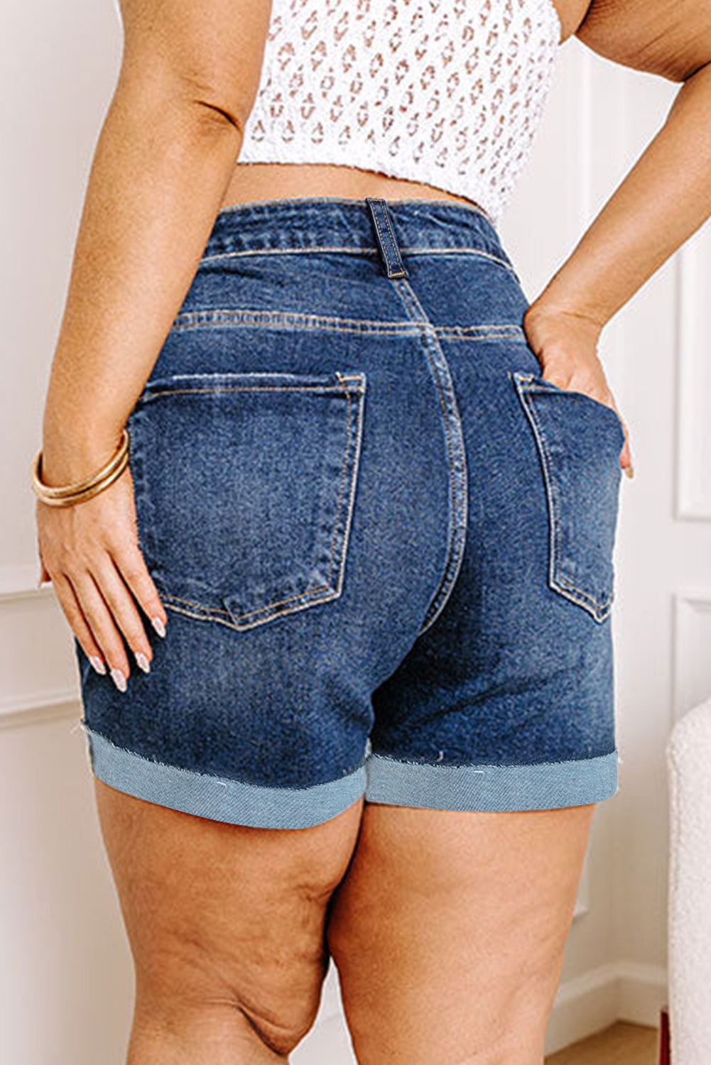 Sail Blue Folded Edge High Waist Plus Size Denim Shorts-Plus Size/Plus Size Bottoms-[Adult]-[Female]-2022 Online Blue Zone Planet