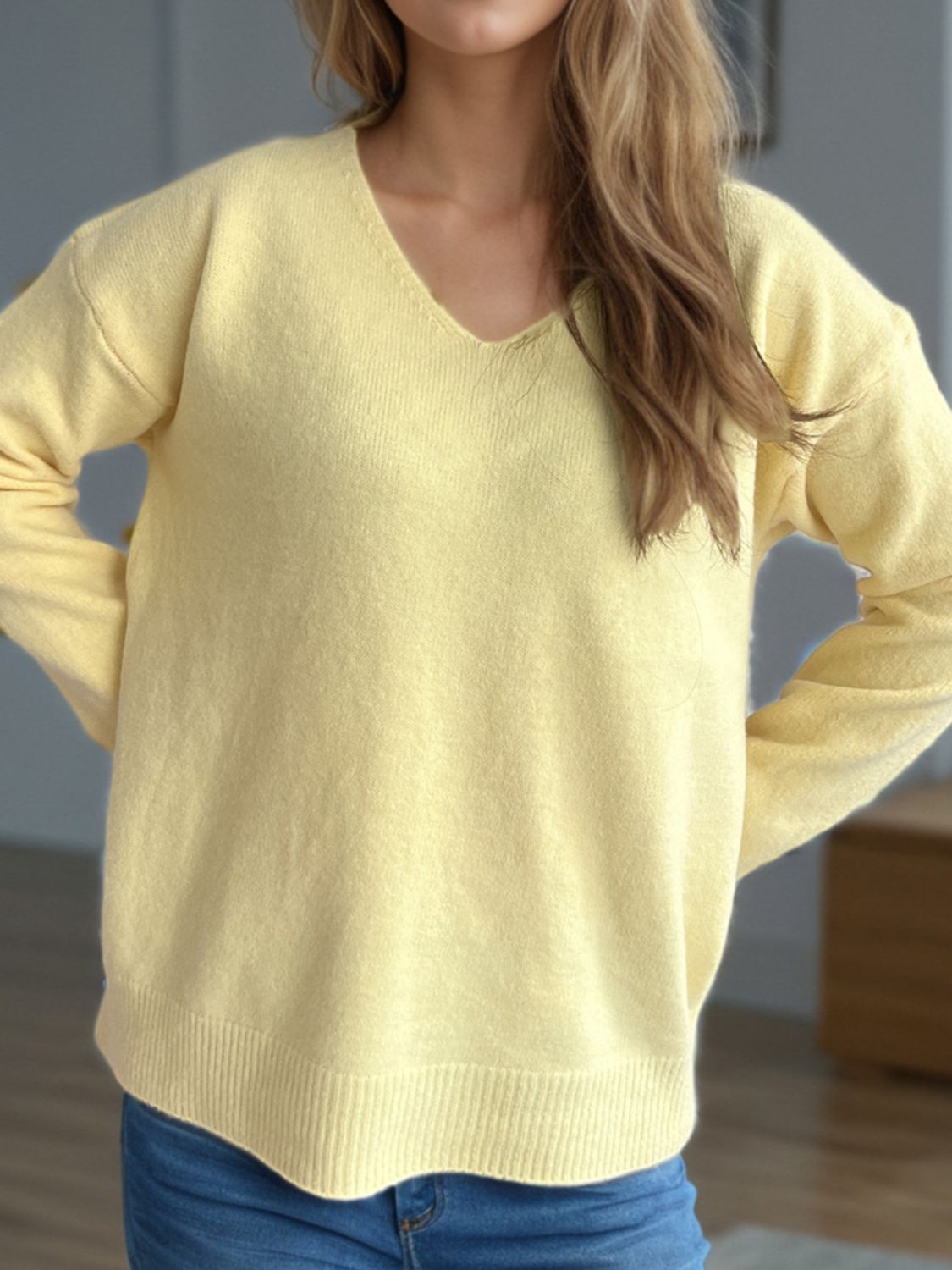 Blue Zone Planet | V-Neck Dropped Shoulder Long Sleeve Sweater-TOPS / DRESSES-[Adult]-[Female]-2022 Online Blue Zone Planet