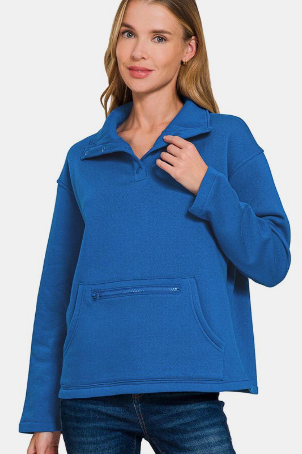 Zenana Turtleneck Half Snap Fleece Sweatshirt-TOPS / DRESSES-[Adult]-[Female]-Royal Blue-S-2022 Online Blue Zone Planet