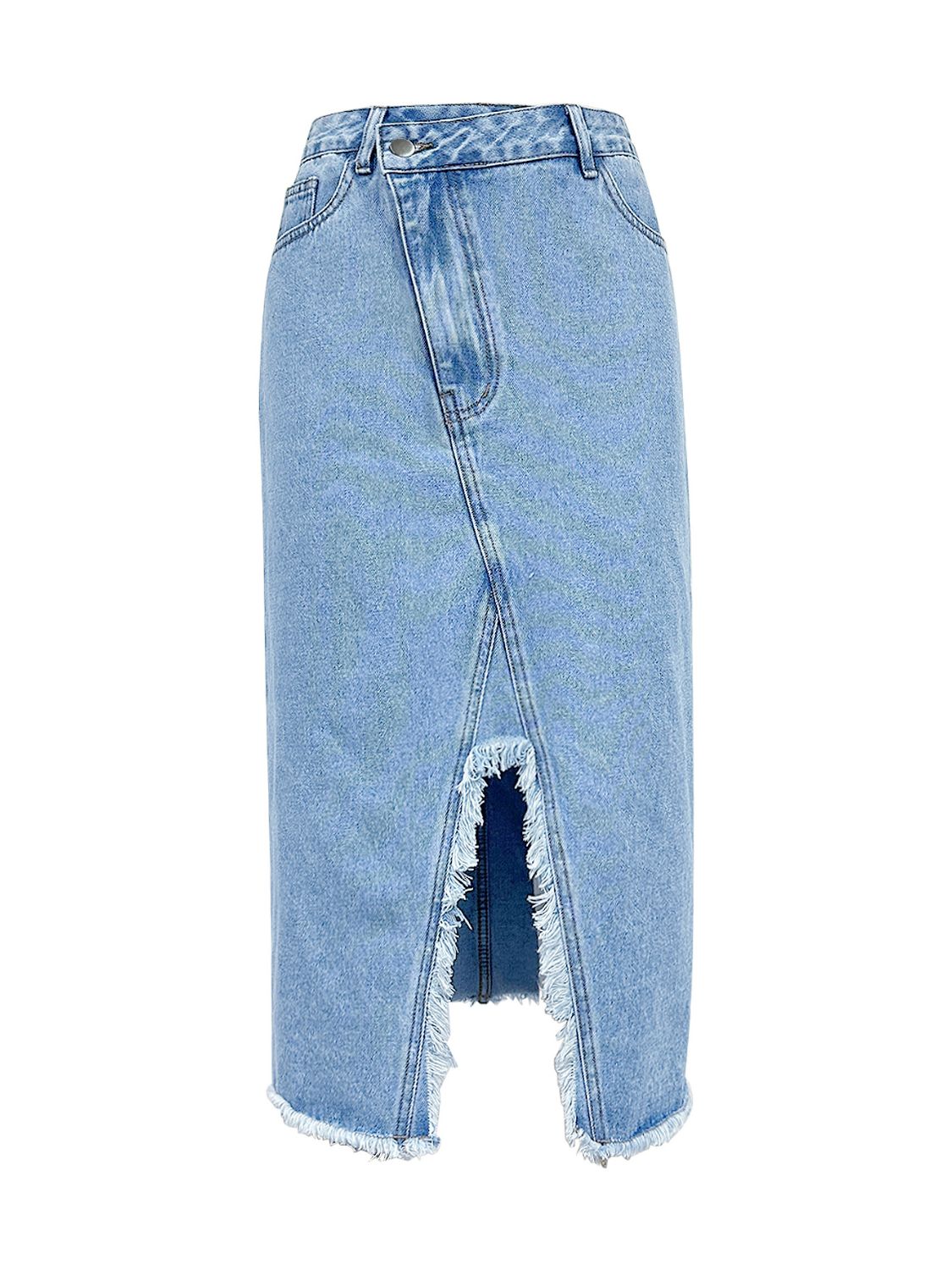 Raw Hem Slit Midi Denim Skirt-BOTTOMS SIZES SMALL MEDIUM LARGE-[Adult]-[Female]-2022 Online Blue Zone Planet