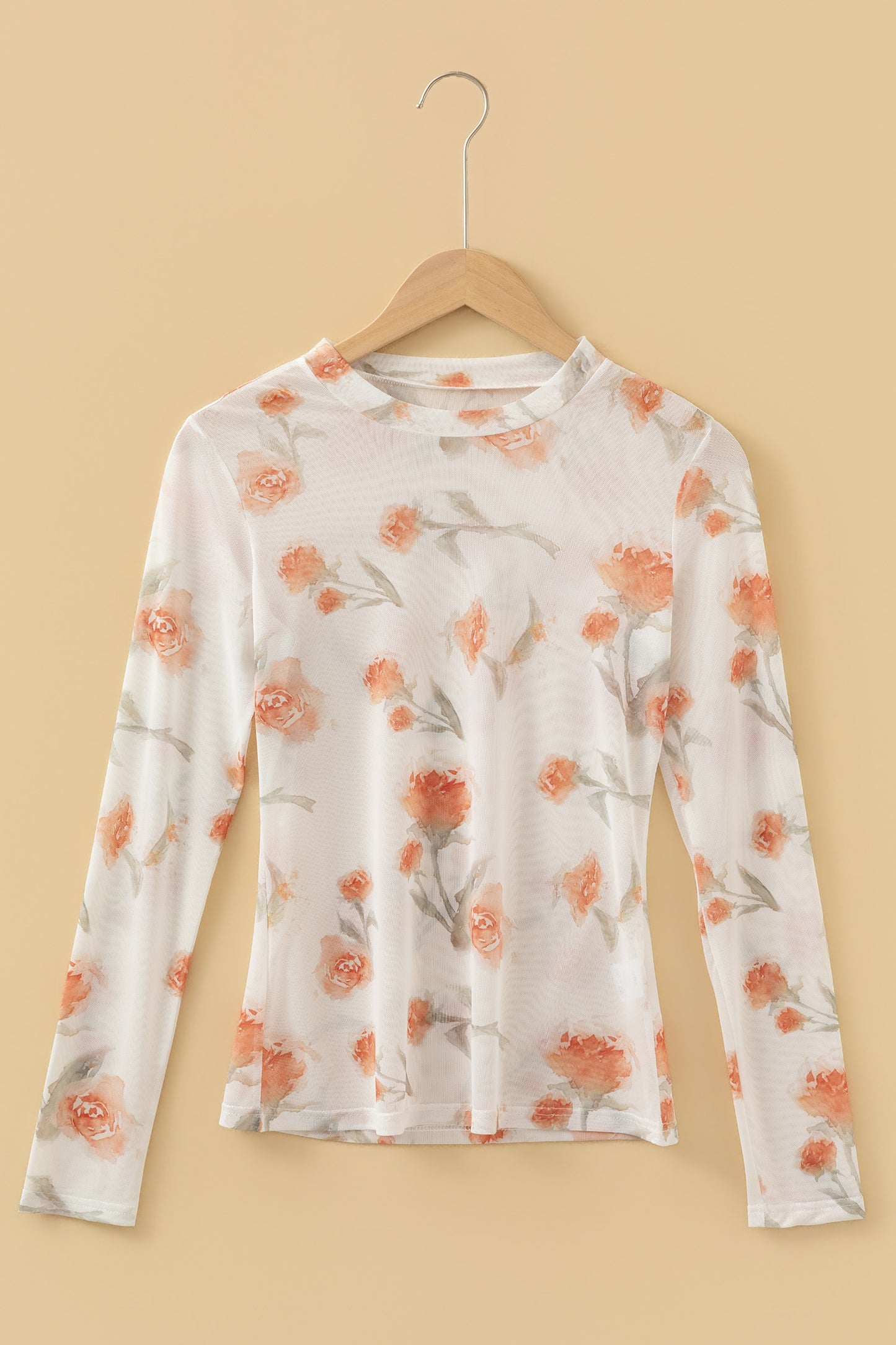 Casual Round Neck Floral Print Mesh Long Sleeve Top-Tops/Long Sleeve Tops-[Adult]-[Female]-2022 Online Blue Zone Planet