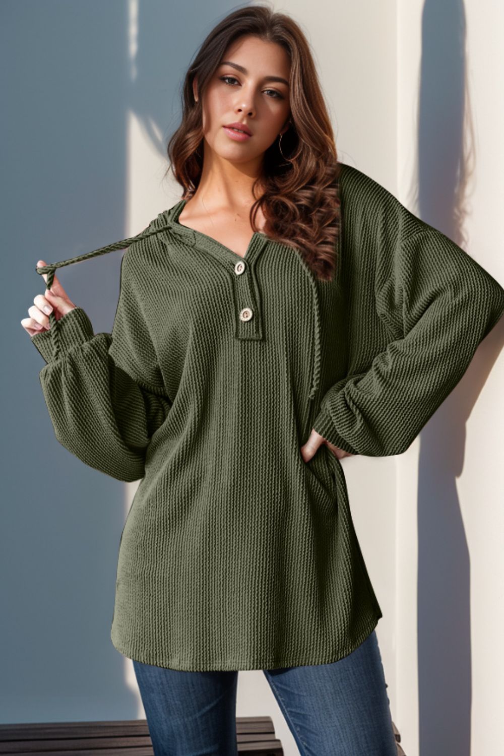 Double Take Full Size Half Button Long Sleeve Hoodie-TOPS / DRESSES-[Adult]-[Female]-2022 Online Blue Zone Planet