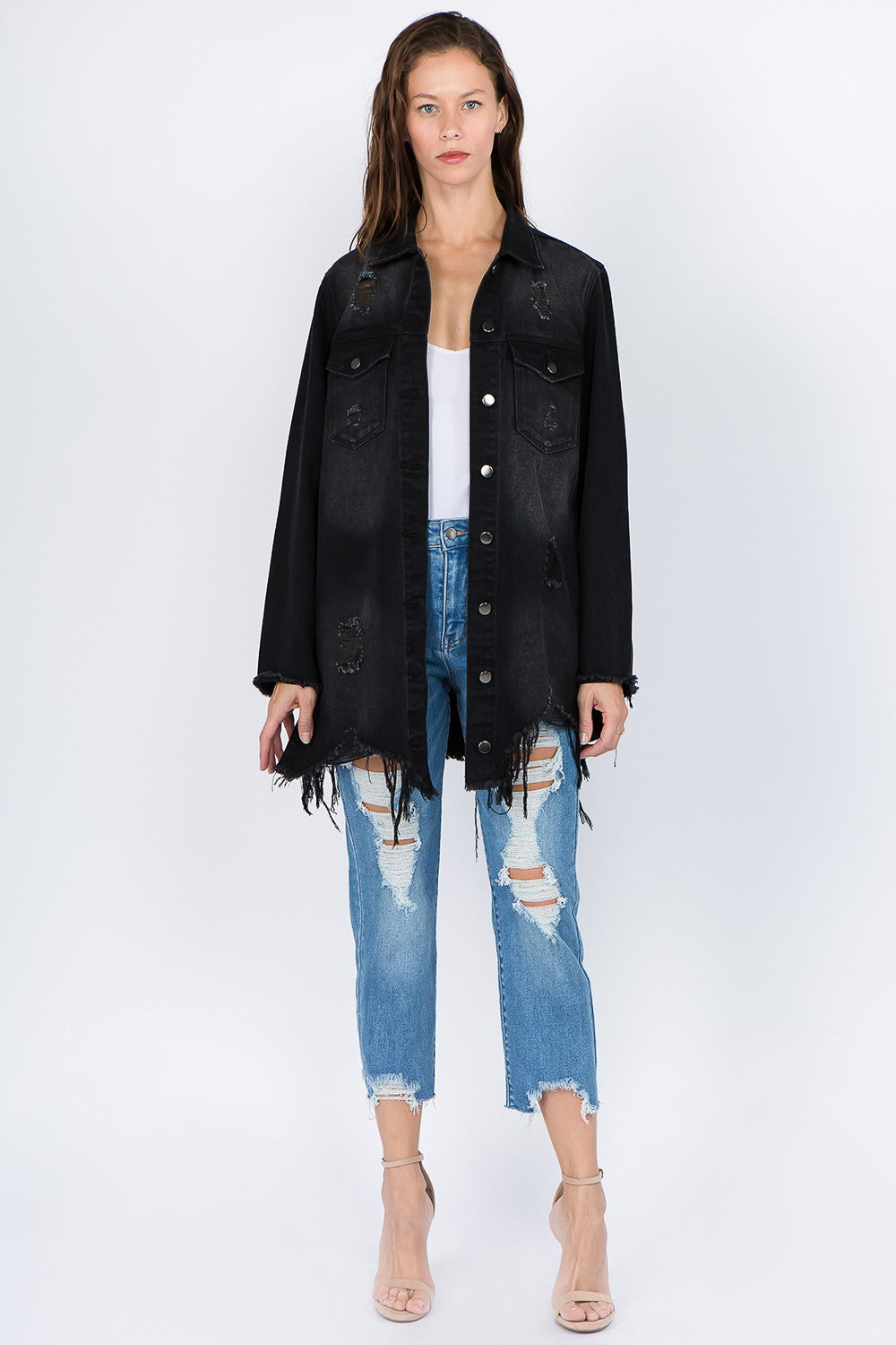 American Bazi Distressed Frayed Hem Denim Jacket-TOPS / DRESSES-[Adult]-[Female]-2022 Online Blue Zone Planet