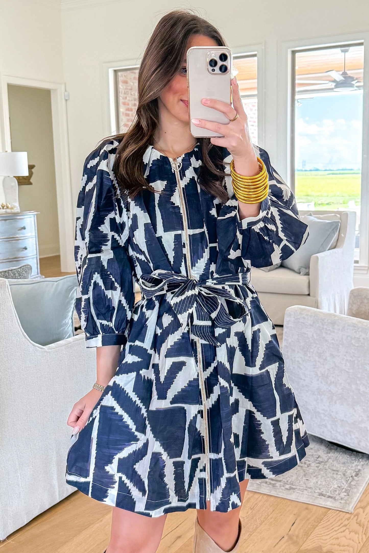 Blue Abstract Geometric Print Zip Front Tie Waist Shift Dress-TOPS / DRESSES-[Adult]-[Female]-2022 Online Blue Zone Planet