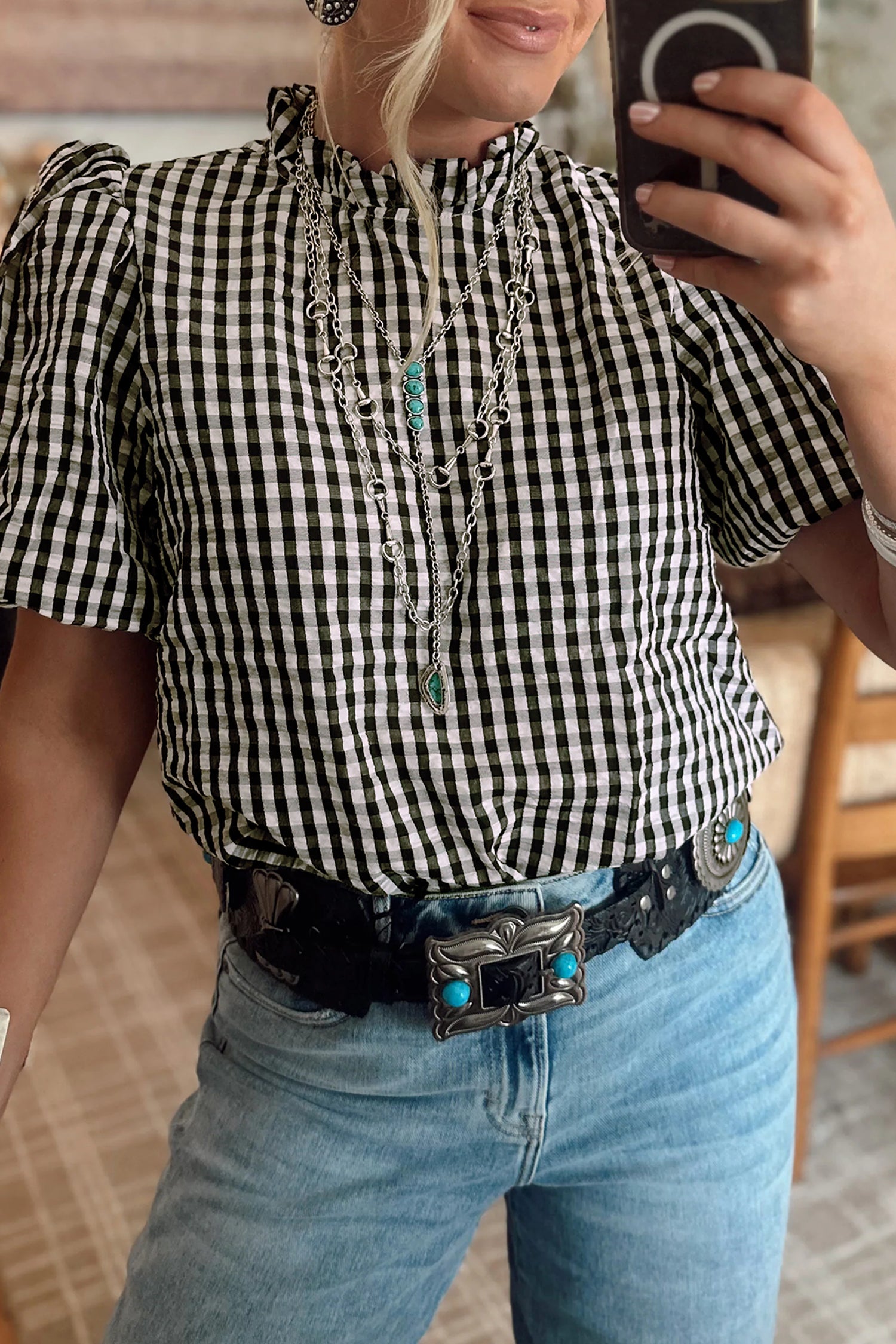 Black Plaid Short Puff Sleeve Frilled Neck Blouse-Tops/Blouses & Shirts-[Adult]-[Female]-Black-S-2022 Online Blue Zone Planet