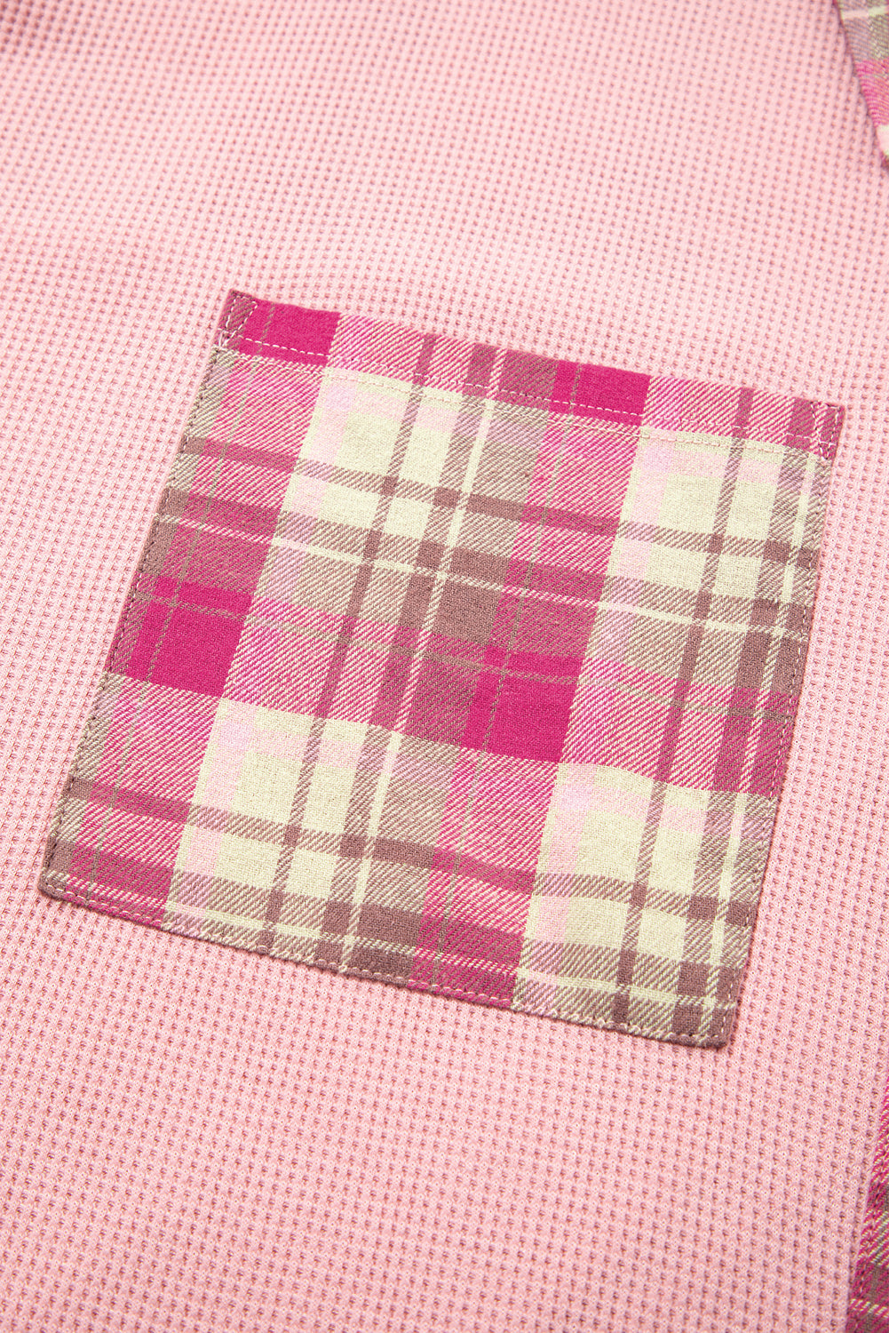 Pink Waffle Patch Pocket Plaid Patchwork Plus Size Shirt-Plus Size/Plus Size Outerwear-[Adult]-[Female]-2022 Online Blue Zone Planet