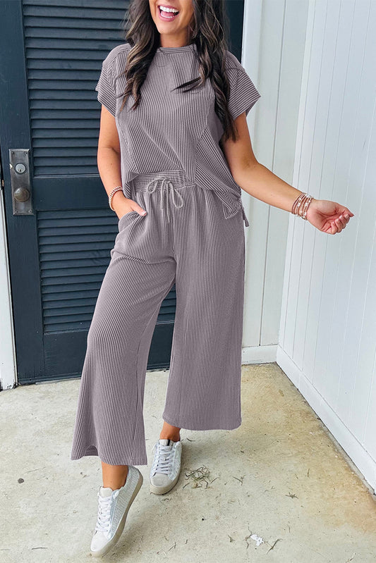 Blue Zone Planet | Wild Wind Solid Corded Knit Short Sleeve T Shirt and Wide Leg Pants Set-Two Piece Sets/Pant Sets-[Adult]-[Female]-Wild Wind-S-2022 Online Blue Zone Planet