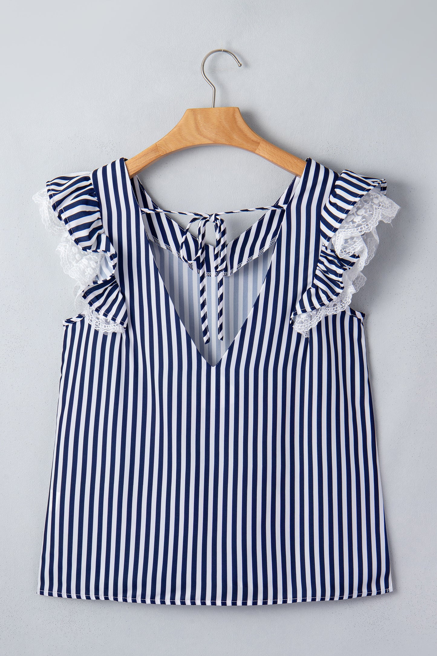 Blue Stripe V Neck Lace Contrast Ruffle Trim Tank Top-Tops/Tank Tops-[Adult]-[Female]-2022 Online Blue Zone Planet