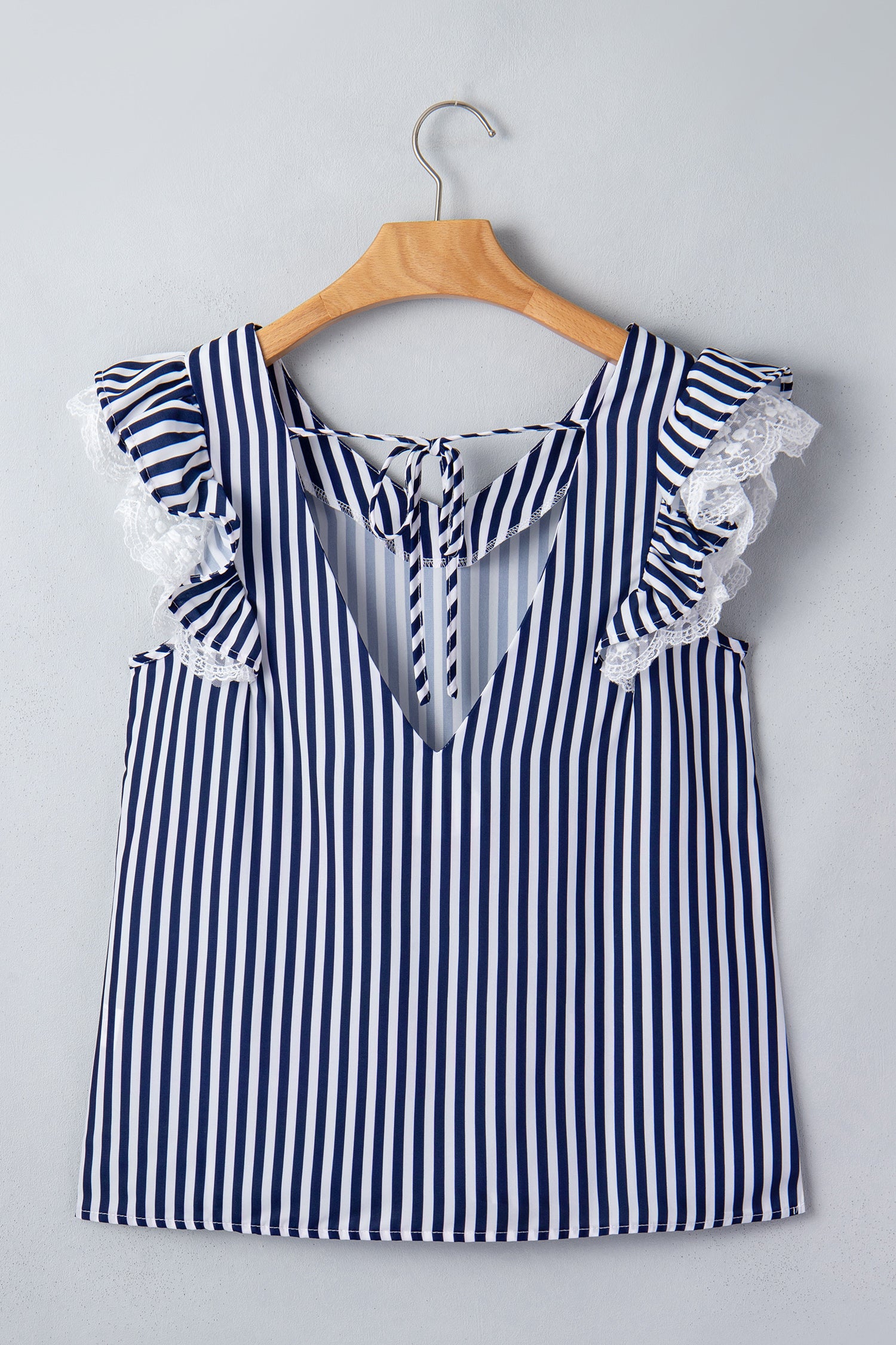 Blue Stripe V Neck Lace Contrast Ruffle Trim Tank Top-Tops/Tank Tops-[Adult]-[Female]-2022 Online Blue Zone Planet